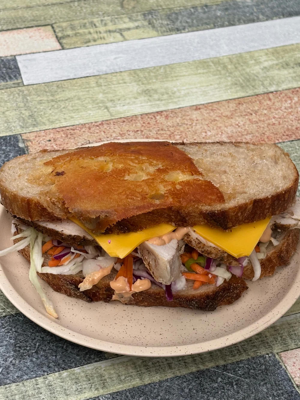 No.5 Cafe chicken, slaw and chipotle toastie on sourdough